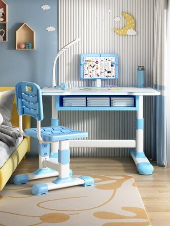 Дитячий комплект столу та стільця, дитячий стіл з похилою підставкою для читання, надзвичайно велика шухляда, металевий каркас, для дому та навчання, з настільною лампою, вік 3-18 років, 73 см x 70 см, синій.