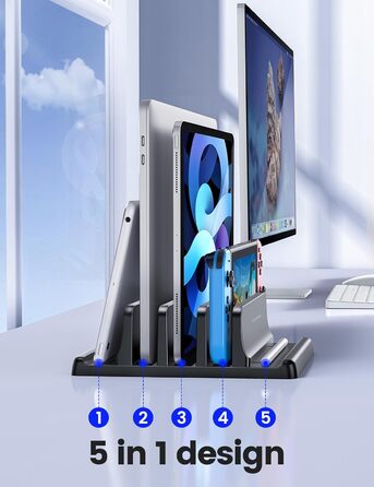 Вертикальна підставка для ноутбука - компактна та регульована, 5-в-1, з 3 слотами для MacBook, ноутбуків, iPad та ноутбуків до 17,3 дюймів - Чорна. Чорний / Schwarz