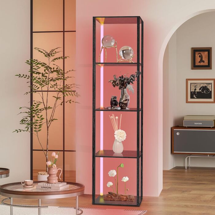 Книжкова полиця зі світлодіодним освітленням, 5-ярусний торшер з полицею, дерев&39яний торшер для вітальні з додатком та пультом дистанційного керування, кутовий торшер для вітальні, спальні, кабінету