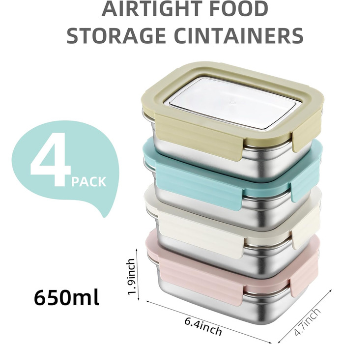 Контейнери для зберігання продуктів Misichao з нержавіючої сталі з кришками, штабелювані контейнери для їжі для кухні та комори, герметичні, багаторазові, металеві ланч-бокси Bento для дітей та дорослих, 650 мл, 4 білих жовтих рожевих зелених 650 мл 650 м
