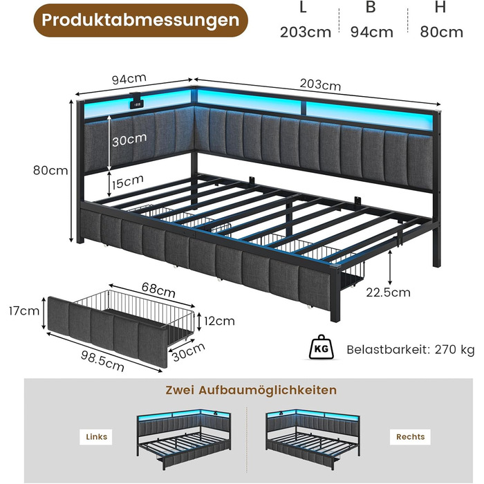 М&39яке ліжко-диван-ліжко 90x200 зі світлодіодним освітленням та USB-зарядною станцією, Дитяче ліжко-кушетка 90x200 з металевою рейковою основою та 2 шухлядами, Гостьове ліжко, Каркас ліжка без матраца, Темно-сірий 90x200 см