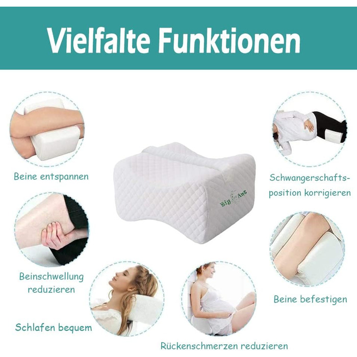 Подушка для коліна Big Ant для сну на боці, ортопедична подушка для ніг з піною з ефектом пам&39яті, високоякісна подушка для сну на боці з ремінцем, подушка для сну для спини, стегон, суглобів, хребта, вагітності - біла