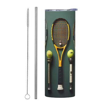 Кухоль з прямою трубочкою, 590 мл, з тенісними м&39ячами та ракетками, дорожній кухоль з принтом, підходить для кемпінгу, офісу та дому
