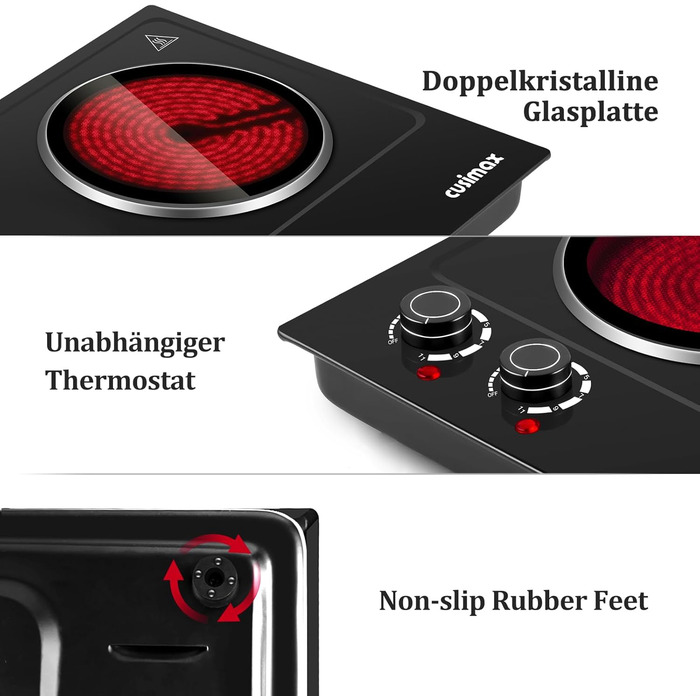 Інфрачервоні конфорки CUSIMAX 2 шт. електричні, склокерамічна варильна поверхня 2 варильні поверхні з термостатом для захисту від перегріву, подвійна конфорка ідеальна для приготування їжі, кемпінгова конфорка нержавіюча сталь чорна склокераміка 50.0 * 33