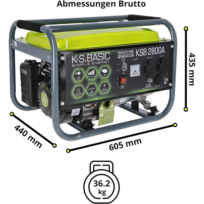 Бензиновий генератор KSB 2800A з алюмінію, 6,5 к.с. - 4-тактний бензиновий двигун з автоматичним регулятором напруги, 230 В (AVR), 2800 Вт, 16 А, для дому та відпочинку