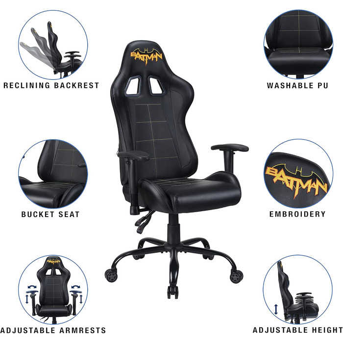 Ергономічне ігрове крісло з регульованою спинкою/підлокітниками - Офіційно ліцензоване ігрове крісло для дорослих Black Pro