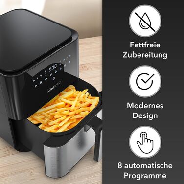 Фритюрниця Clatronic XXL - фритюрниця 5 л Гаряче повітря для смаження без жиру Мультипіч з нержавіючої сталі з цифровим сенсорним екраном Потік повітря на 360 Фритюрниця з 8 програмами ФР 3782 Ч
