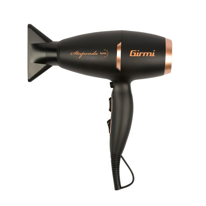 Безщітковий фен Girmi PH91, 2200 Вт, 2 швидкості, 3 температури, іонізація, з дифузором та концентраторами, компактний, чорний/золотий