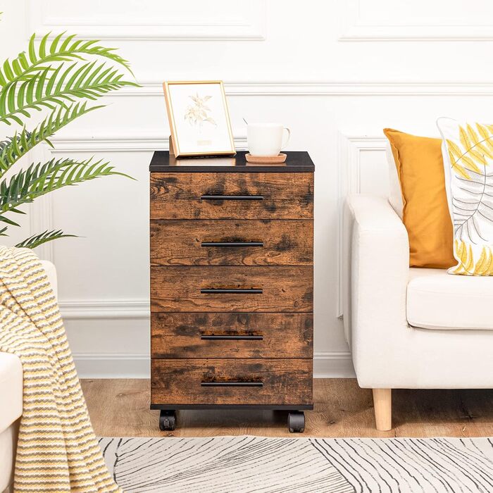 Шафа для документів HOOBRO, мобільна підставка з 5 шухлядами, дерев&39яна офісна шафа, комод для зберігання речей, індустріальний стиль, легке складання, сільський колір, темно-коричневий та чорний EBF05WJ01G1