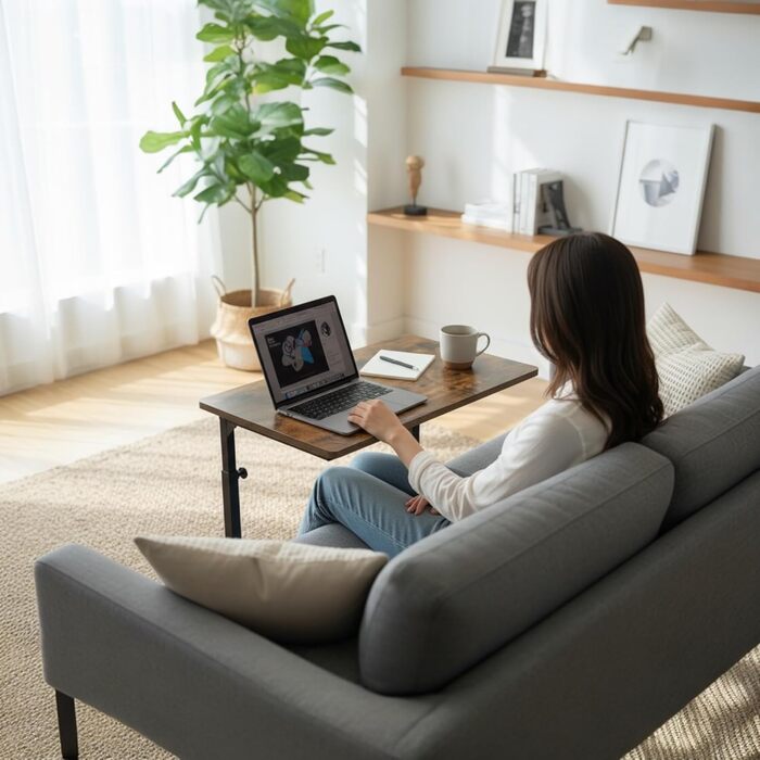 С-подібний журнальний столик для дивана з регульованою висотою, столик для ноутбука для дивана та ліжка, рустикальний коричневий