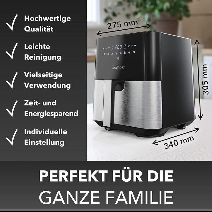 Фритюрниця Clatronic XXL - фритюрниця 5 л Гаряче повітря для смаження без жиру Мультипіч з нержавіючої сталі з цифровим сенсорним екраном Потік повітря на 360 Фритюрниця з 8 програмами ФР 3782 Ч