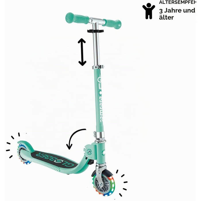 Дитячий самокат Globber Flow Foldable Junior Lights складаний, з підсвічуванням коліс та регульованим кермом, від 3 років, м'ятний