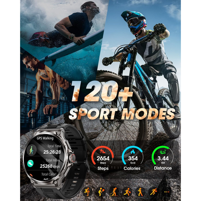Чоловічий військовий смарт-годинник з великим HD-дисплеєм 1,92 дюйма, акумулятором 1000 мАг, фітнес-годинник з понад 120 спортивними режимами, водонепроникністю 5 атм, функцією телефону, пульсометром, монітором сну, спортивним годинником для iOS та Androi