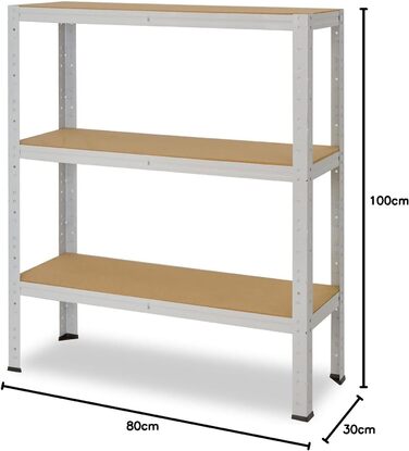 Офічна полиця для зберігання, Міцна офісна полиця, Світло-сірий/Метал, Офічна полиця з 3 полицями/Полиця в підвалі, Полиця для майстерні/Навісний стелаж, Метал, Вантажопідйомність 175 кг/Офічна полиця для файлів, В 100 см / Ш 80 см / Г 30 см, 100x80x30