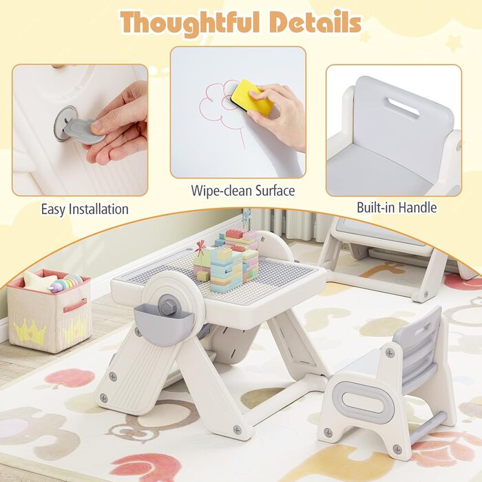 В-1 Багатофункціональний дитячий стіл зі стільцем, складний дитячий комплект сидіння з двосторонньою стільницею, 2 кошики, відділення для олівців та книжкова полиця, робочий столик для дітей від 18 місяців (сірий), 9-