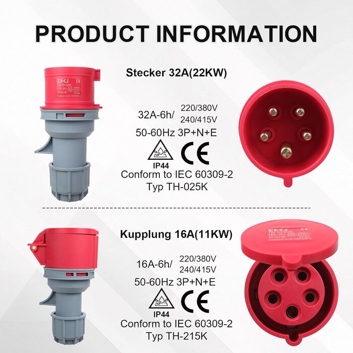 Перехідник CEE з вилки 32A на розетку 16A, високострумовий адаптер із захисною кришкою, 3 фази, 5 контактів, 50 см, водонепроникний IP44, підходить для промислового та побутового використання (32-16)
