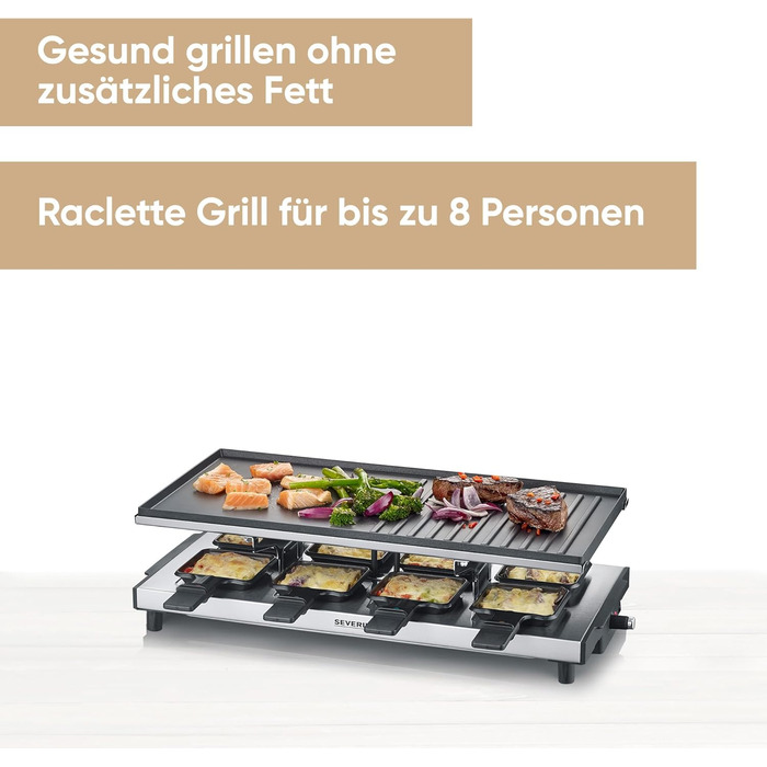 Гриль SEVERIN Raclette, раклет з великою антипригарною пластиною для гриля та 8 сковородами для раклету, настільний гриль до 8 осіб, потужність 1 700 Вт, нержавіюча сталь чорна, RG 2375