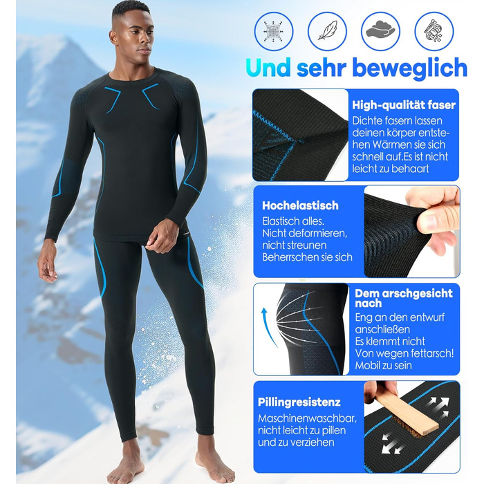 Чоловіча функціональна білизна, дихаюча лижна білизна, комплект довгої термобілизни для мотоциклізму, бігу, велоспорту, футболу, катання на лижах, чорний/синій, XL-XXL