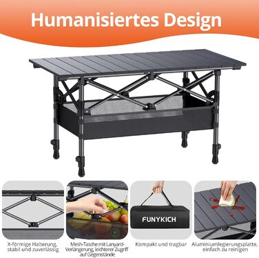 Складаний кемпінговий стіл FUNYKICH 82 x 40 см, Складаний стіл з 2 регулюваннями висоти (44/70 см), Легке складання, Портативний складаний стіл із сітчастою сумкою, Алюмінієва згортальна стільниця для барбекю, кемпінгу, вечірки, саду, 82 x 40 x 44/70 см