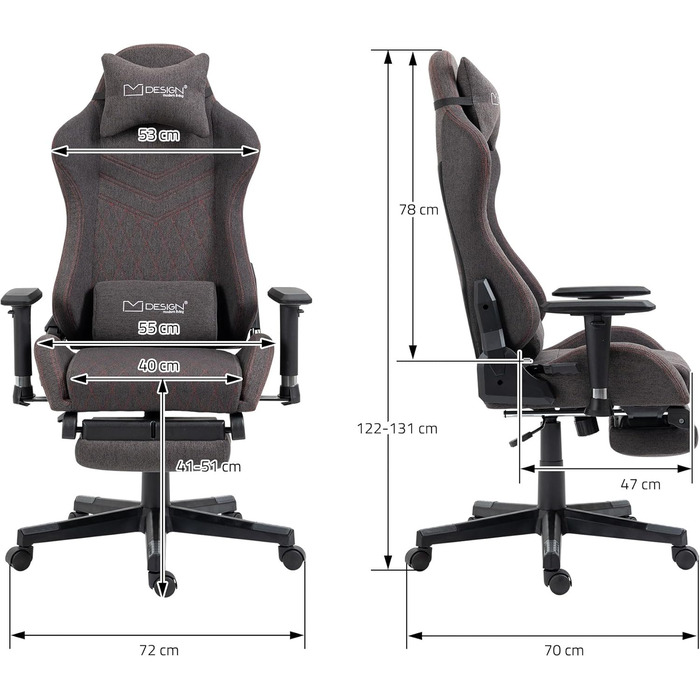 Ігрове крісло ML-Design, сіро-червоне, тканинне, ергономічне офісне крісло, регульоване поворотне крісло, гоночне ігрове крісло з підлокітниками, підголівником, поперековою подушкою, підставкою для ніг, робоче крісло, спортивне сидіння, крісло керівника