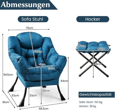Крісло COSTWAY з підставкою для ніг, відкидне крісло з підлокітниками, бічною кишенею та підставкою для ніг, крісло для відпочинку, крісло для телевізора, крісло з відкидною спинкою для вітальні, спальні, офісу (синє) синє з підставкою для ніг