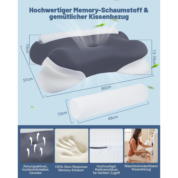 Подушка для шиї, ортопедична подушка 2-в-1 з валиком для шиї, ергономічна подушка з піни з ефектом пам&39яті для сну на боці - подушка для сну для шиї та сну - переможець тесту на подушку для підтримки шиї
