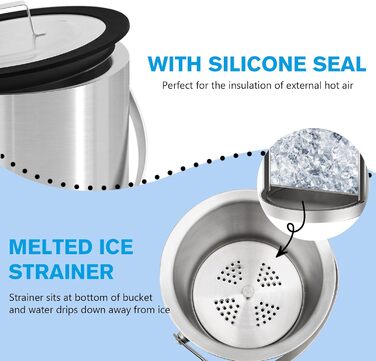 Відро для льоду з силіконовою кришкою, 3 л, двостінне відро, щипці для льоду, ручка і ситечко, велике, з нержавіючої сталі, ізольо