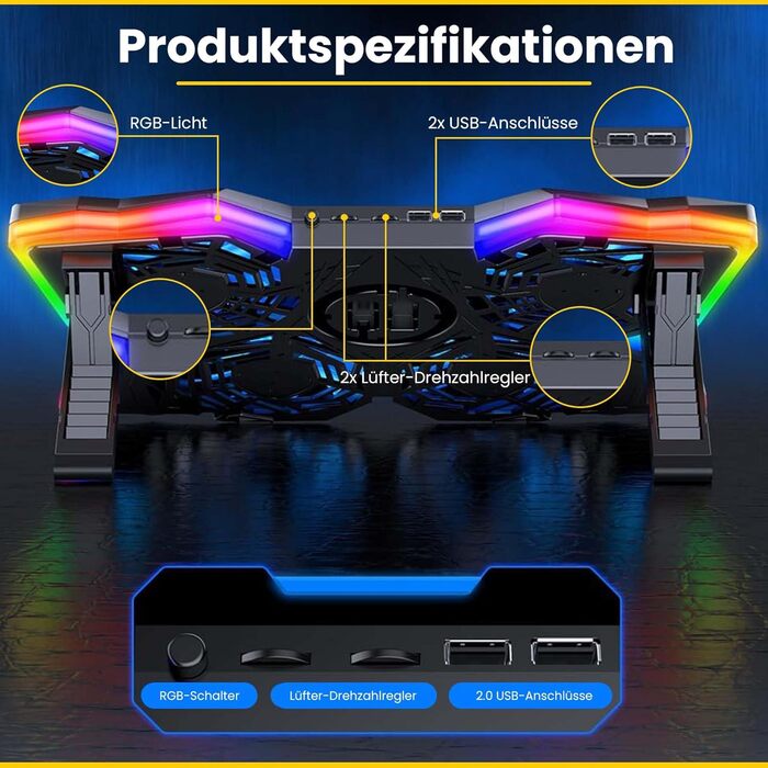 Охолоджувач для ноутбука Offgridtec K25 Pro, підставка з 4 тихими вентиляторами (1100 об/хв), 2 USB-порти, регульована висота, ергономічний дизайн для ігрових консолей та ноутбуків 10-17 дюймів, синій