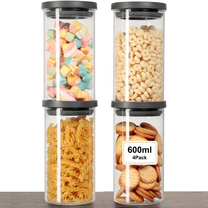 Набір із 4 герметичних боросилікатних скляних банок для зберігання з кришками для кухні VINATO, без бісфенолу А, скляні банки об&39ємом 600 мл з кришками для горіхів, снеків та спецій