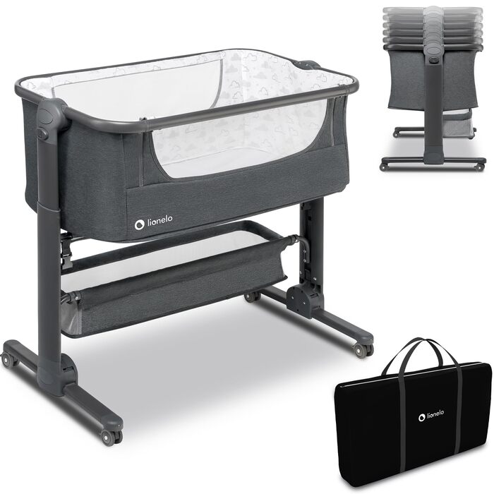 Дитяче ліжечко Lionelo Timon для подорожей, підходить для дітей від народження до 9 кг, з 6-рівневою функцією нахилу, зсувною бічною панеллю, сумкою для перенесення, складною, сірого кольору