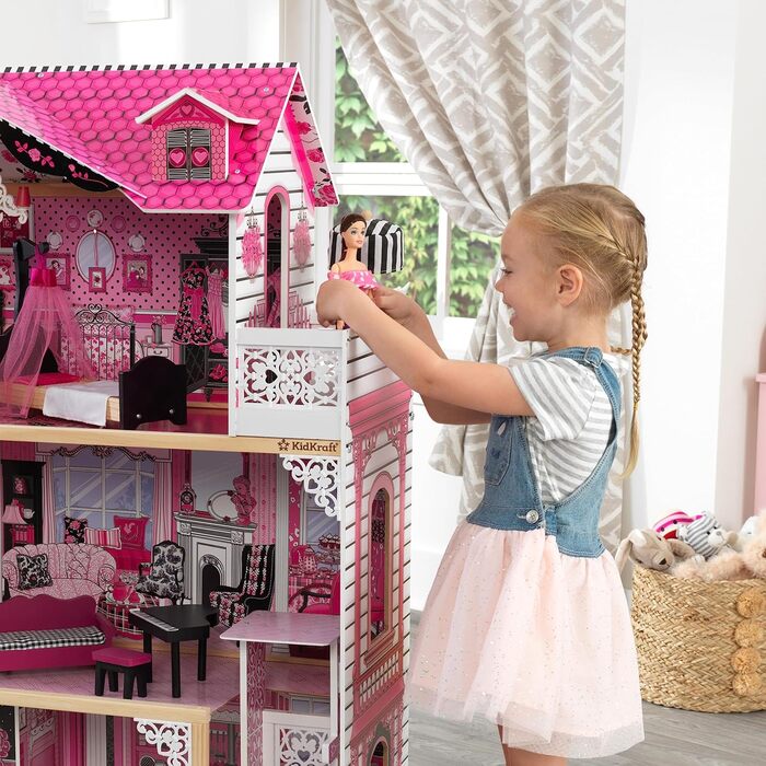 Дерев&39яний ляльковий будиночок KidKraft Amelia з меблями та аксесуарами, ігровий набір з балконом та ліфтом для ляльок 30 см, іграшка для дітей віком від 3 років, 65093