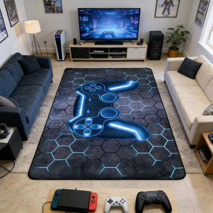 Ігровий килимок, нековзний кришталевий оксамитовий ігровий килимок, стильний синій килимок з ігровим контролером для ігрових кімнат хлопчиків, декор дитячої кімнати для хлопчиків, 80x120 см