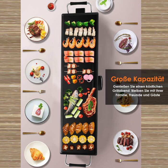 Гриль COSTWAY Teppanyaki 90x23см, електрична сковорода 1800 Вт, електричний гриль з антипригарним покриттям, 6 дерев'яних лопаток і кільце для яєць, що не прилипає, стіл гриль регулюється температурою