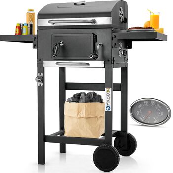 Вугільний гриль з кришкою та візком, BBQ коптильня, мобільний вугільний гриль на 2 колесах, з решіткою, термометром, компактний вугільний гриль-візок, регульований по висоті для кемпінгу та саду