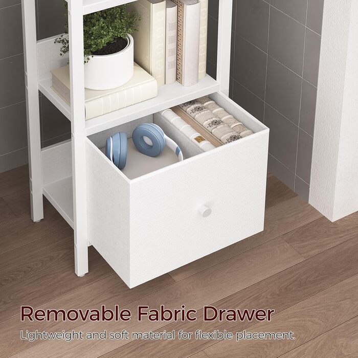 Книжкова полиця з шухлядою, окремостояча полиця, з 6 полицями, 33 x 24 x 157,5 см, книжкова шафа з металевим каркасом, органайзер для вітальні, кабінету або кухні, біла ABKWT66101 6 полиць (33 x 24 x 157,5 см) Біла