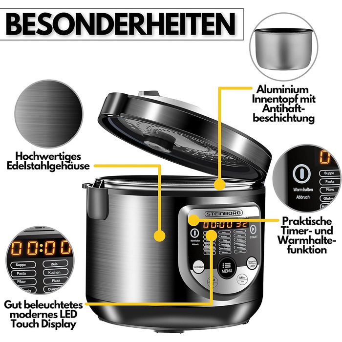 Мультиварка 18в1 Повільна плита 900 Вт 5 літрів Рисоварка Відпарювач Підігрівач їжі Сотейник Йогуртниця Мультипіч Скороварка Гаряча плита Плита