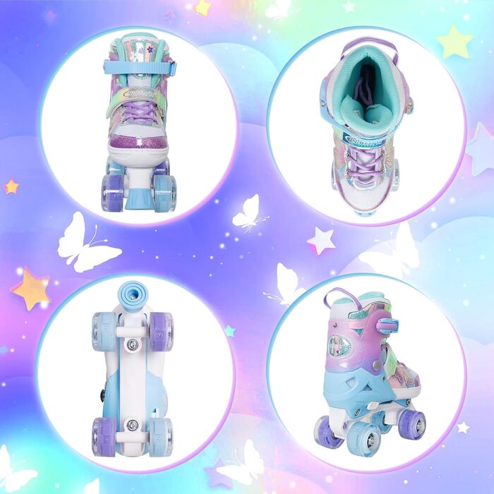 Дитячі роликові ковзани Nattork для дівчаток та хлопчиків, 4 розміри з регулюванням, чотириколісні роликові ковзани з мотивом метелика та квітки, подарунок на день народження для занять спортом у приміщенні та на вулиці, розмір S (EU 27-31), фіолетовий