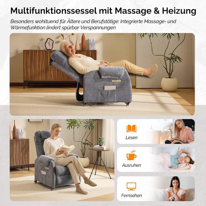 Крісло Bonnlo Recliner, електричне масажне крісло з функцією відкидання, крісло для телевізора, 2-точковий масаж та функція підігріву, порти USB-C та USB-A, 1 бічна кишеня (тканина шеніл, темно-сірий)