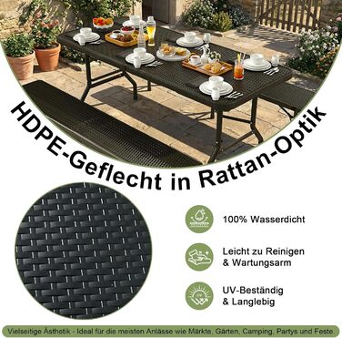 Набір для пивного саду, 3 предмети, 1 пивний стіл 2 пивні лавки, складаний набір для пивного саду з ручками для перенесення, комплект пивних столів 180 см з ротанговим ефектом, водонепроникний, чорний. 1 пивний стіл 2 пивні лавки, чорний.