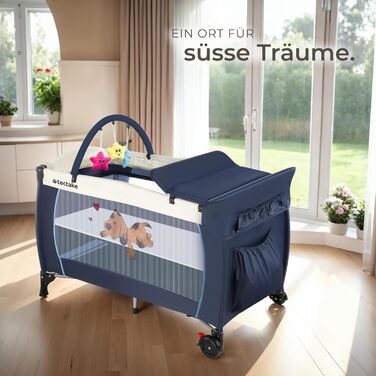 Дитяче ліжечко tectake Baby Travel Cot, дитяче ліжечко, регульоване по висоті ліжечко з матрацом та сумкою для перенесення, дитяче ліжко, дорожнє ліжечко, портативне приліжкове ліжечко для немовлят - 132 x 75 x 104 см - темно-синій, синій, з малюком собак