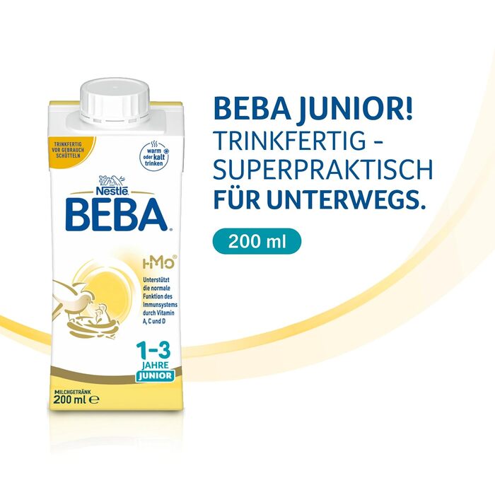 Готовий до вживання молочний напій BEBA Junior 1-3 роки, дитяче харчування з HMO 2&39-FL, без пальмової олії, 6 шт. (6 x 200 мл)