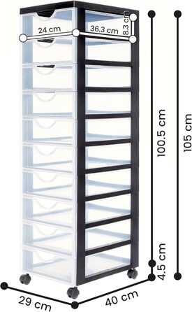 Пластикова шухляда на колесах, 10 плоских шухляд, Чорна, Висувні ручки, Для спальні, школи та офісу, Без вмісту бісфенолу, Висувна