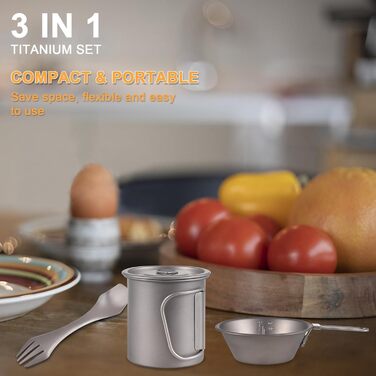 Портативний кемпінговий посуд Doorslay, титанова чашка, чаша Spork, набір із 3 предметів, набір для кави на відкритому повітрі, набір для пікніка, складний для кемпінгу, походів