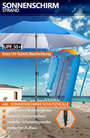 Пляжна парасолька Menz Ø 160 см - Функціональна дорожня парасолька UPF 50 для валіз - Практична, маленька складна пляжна парасолька, компактна пляжна парасолька, що поміщається у валізу, синя