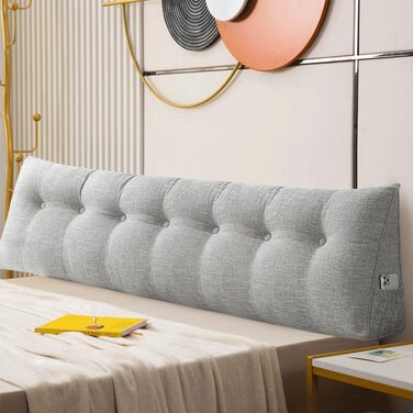 Подушка для спини OHMG, клиноподібна, підходить для ліжка та дивана, подушка для читання та поперекового відділу хребта, подушка зі знімним ремінцем для шиї та чохлом, який можна прати, практична бічна кишеня (світло-сірий, 200 x 50 x 20 см) Світло-сірий 