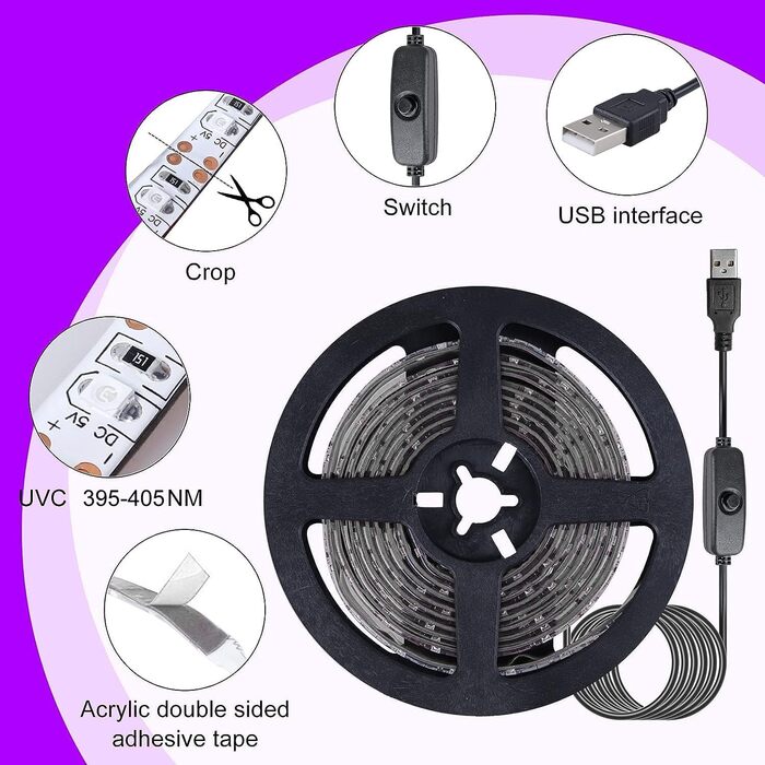 Чорне світло Світлодіодна стрічка 3M 5V Чорне світло УФ-світлодіодна панель Блок живлення через USB, водонепроникний IP65 395 нм з ефектом чорного світла Освітлення сцени для вечірки на Різдво на Хеллоуїн
