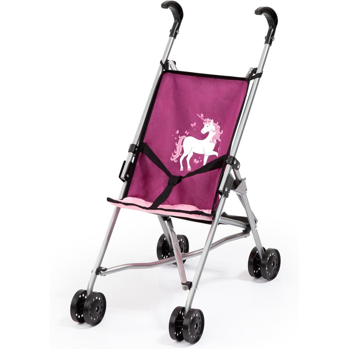 Коляска для ляльок, складна, подвійні колеса, ремені безпеки, з металу, рожева, рожева, єдиноріг, 30537AA