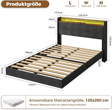 М&39яке ліжко IRONCK 120x200 см, Ліжко 120x200 зі світлодіодним освітленням та зарядною станцією (2 розетки змінного струму, порти USBType-C), Каркас ліжка з місцем для зберігання, Плаваюче односпальне ліжко з рейковою основою, Льняне, Сірий 120 x 200 см