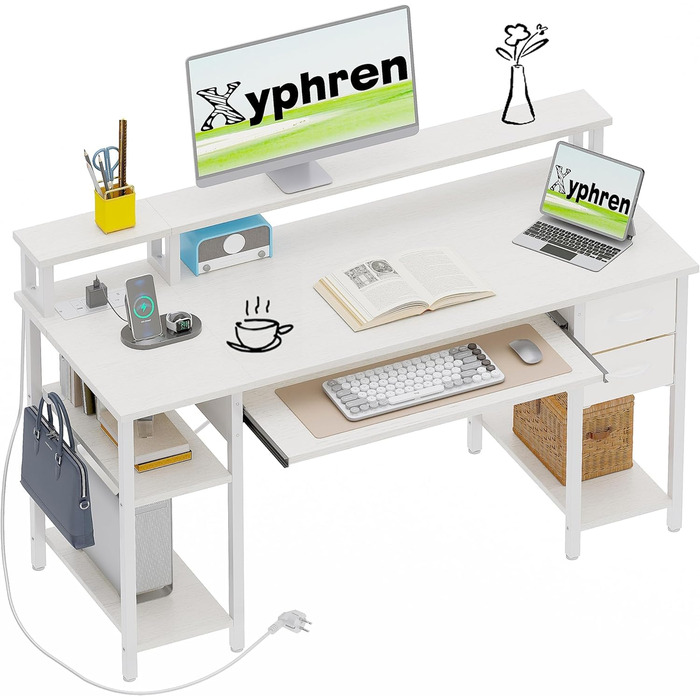 Письмовий стіл з 2 шухлядами, 120 x 50 см, комп&39ютерний/ігровий стіл з підставкою для клавіатури, регульованою по висоті бічною полицею, підставкою для монітора та розеткою для домашнього офісу та вітальні, білий, 120 x 50 см