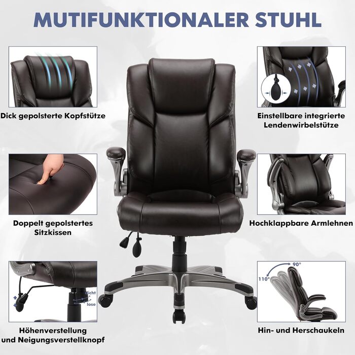 Офісний стілець COLAMY з високою спинкою, ергономічний комп&39ютерний стілець, шкіряний стілець з м&39якими складними підлокітниками, регульований фіксатор нахилу, обертовий стілець для дорослих, коричневий сучасний